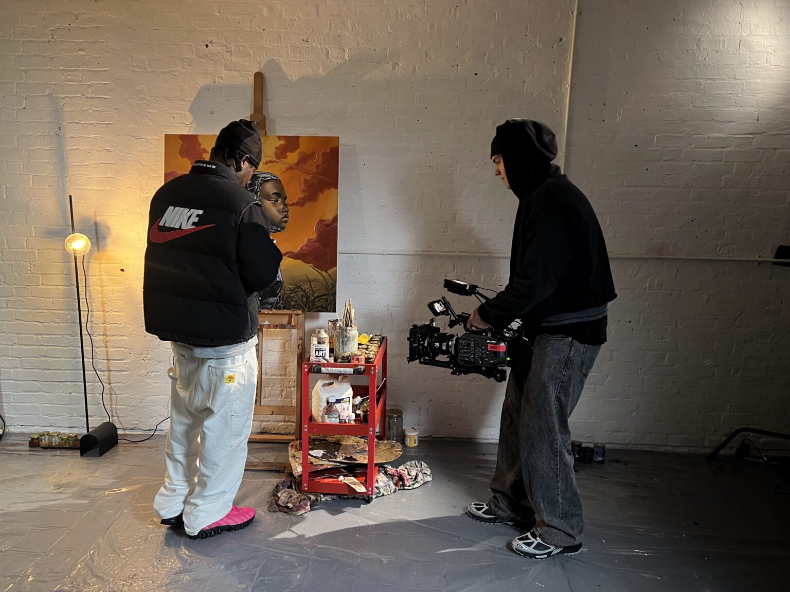 Valentine Global: Nike SNKRS in London 1 The artist at work in his studio in Woolwich while the camera team films, for Nike SNKRS