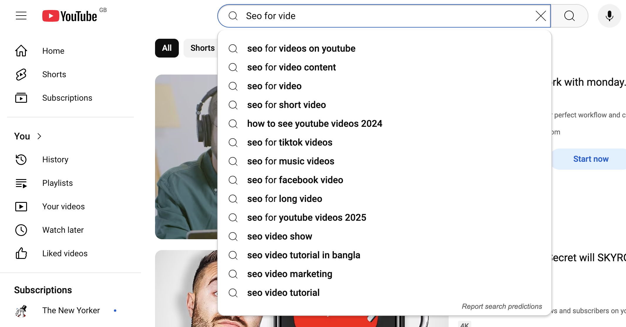 A screenshot of YoutTubes home page showing the predictive search bar for the search term "SEO For Video".