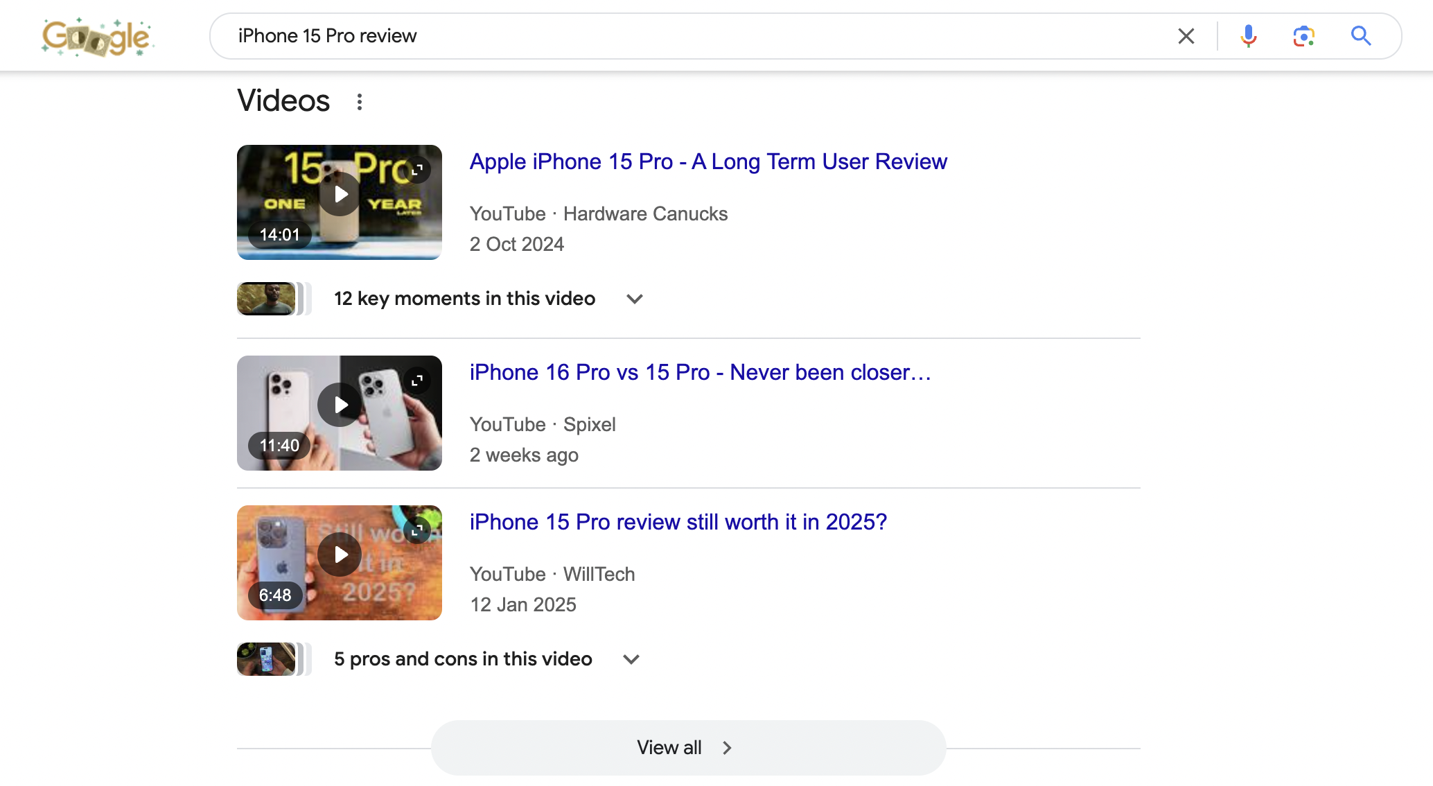 An image of the search term results for "Iphone 15 review". Classic Video Seo in action.