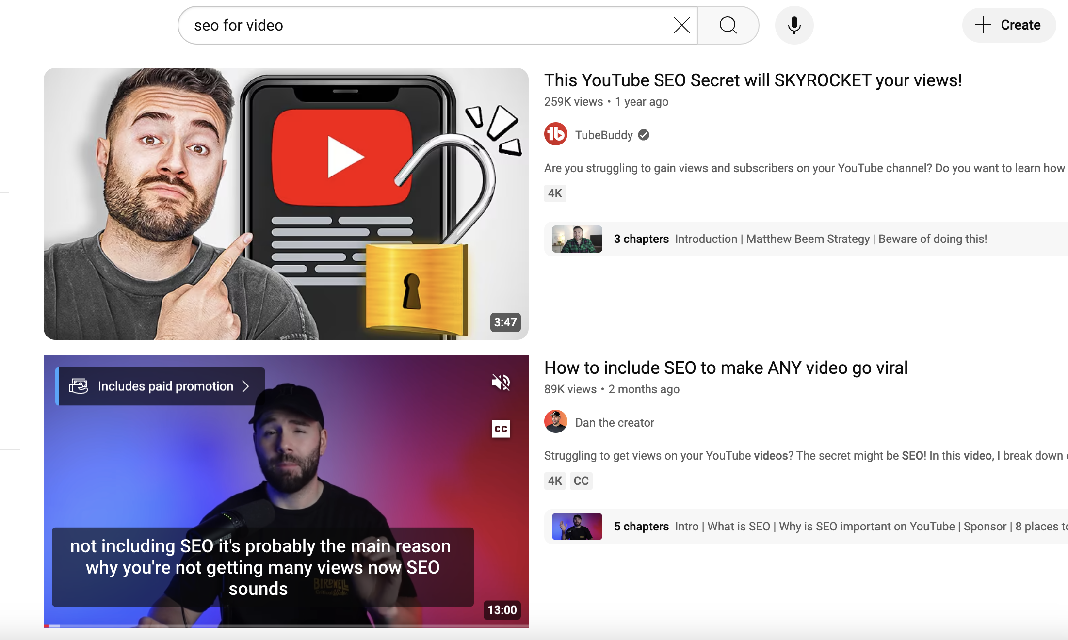 Search results for the search term "SEO for Video" showing competition for the search term on YoutTube!