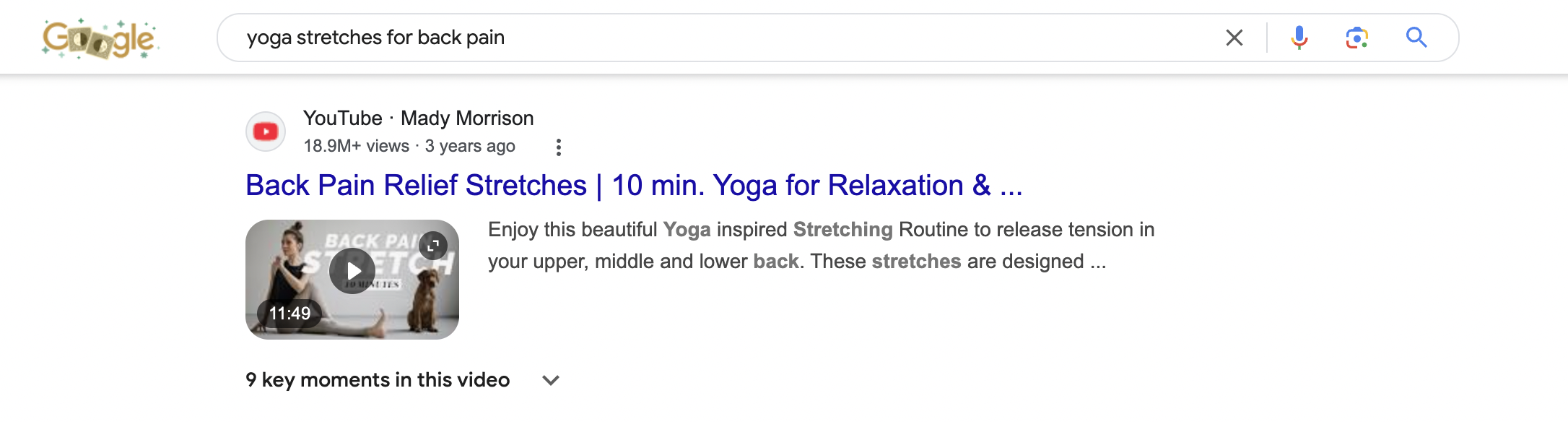 Google search results for "Yoga for Back Pain" showing video searches.