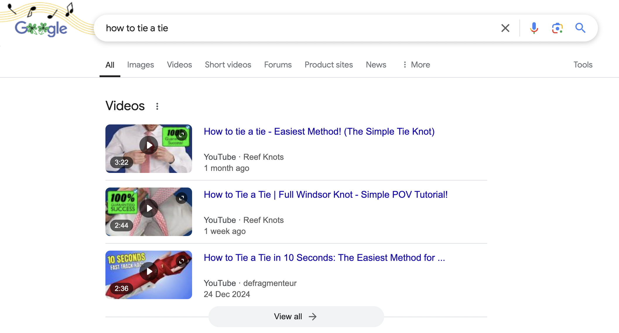 Google search results for "how to tie a tie". An example of great Video SEO.
