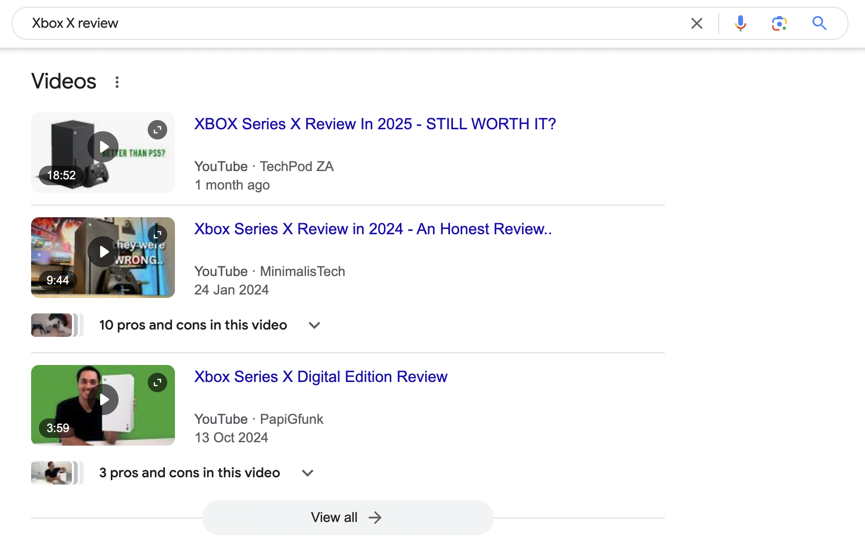 An image of a google SERP showing results for "XBox Review Google". Example of SEO for video.