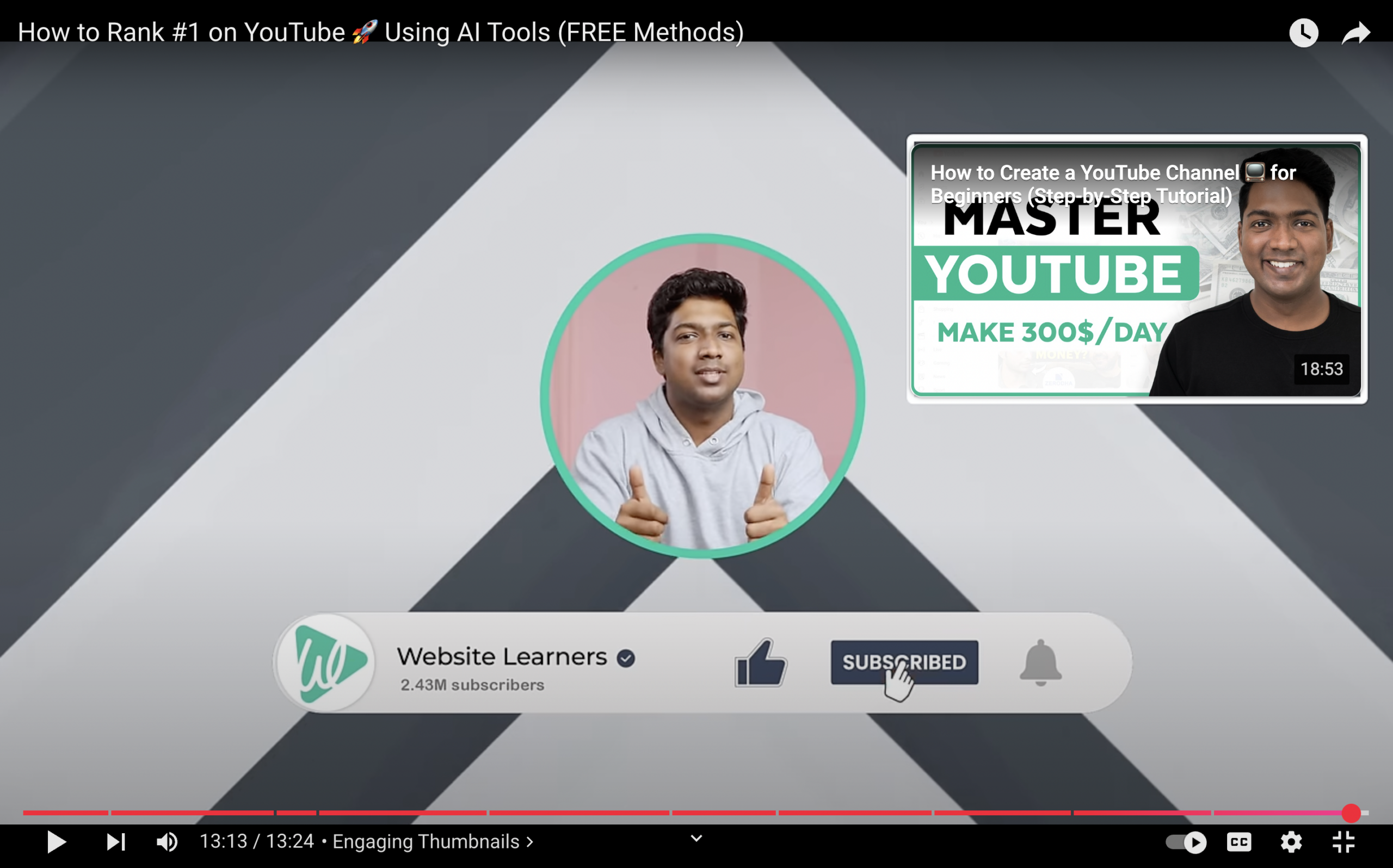 Website learners YouTube video "How to Rank #1 on YouTube 🚀 Using AI Tools (FREE Methods)"