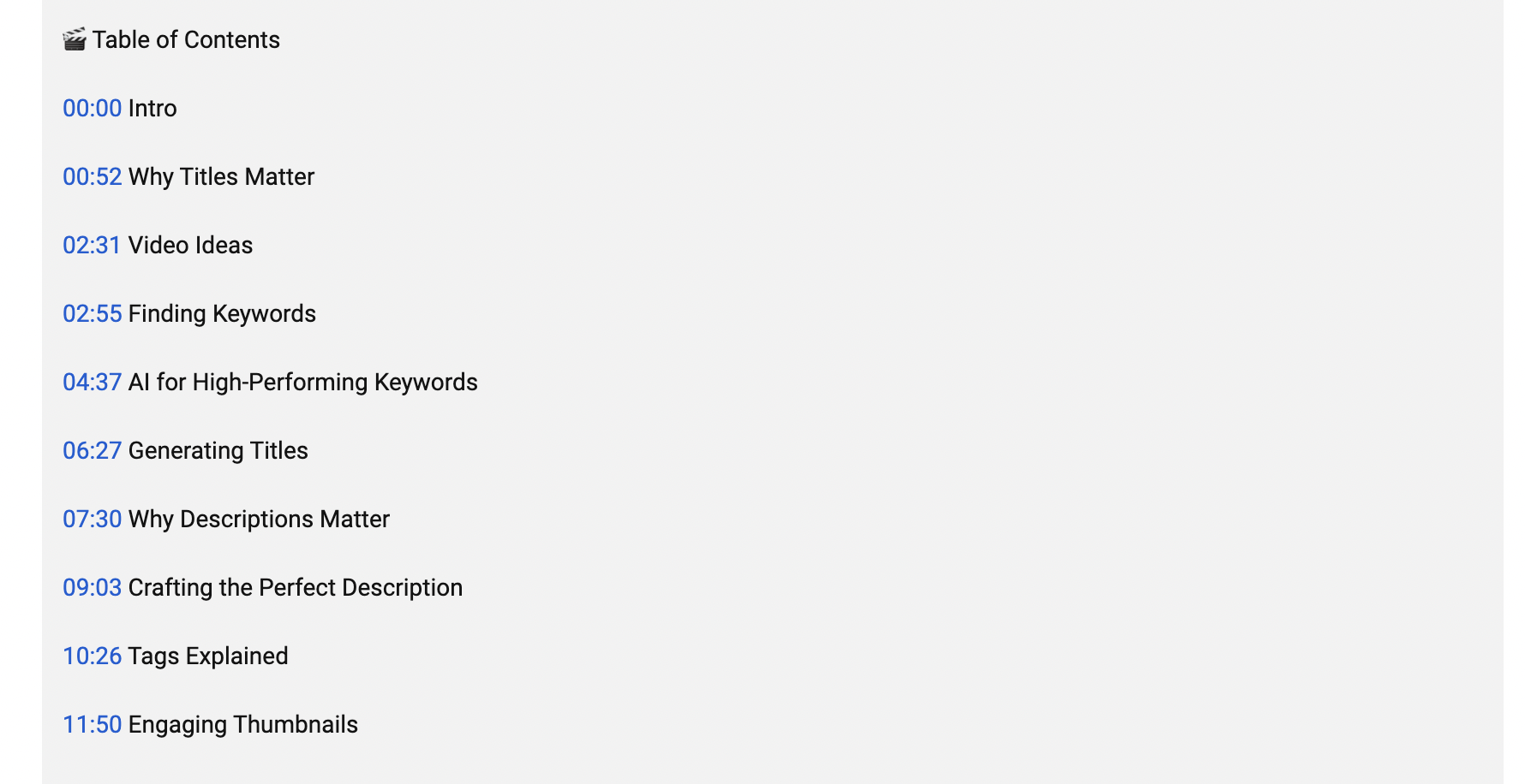 An image of the table of contents from Website learners YouTube video "How to Rank #1 on YouTube 🚀 Using AI Tools (FREE Methods)"