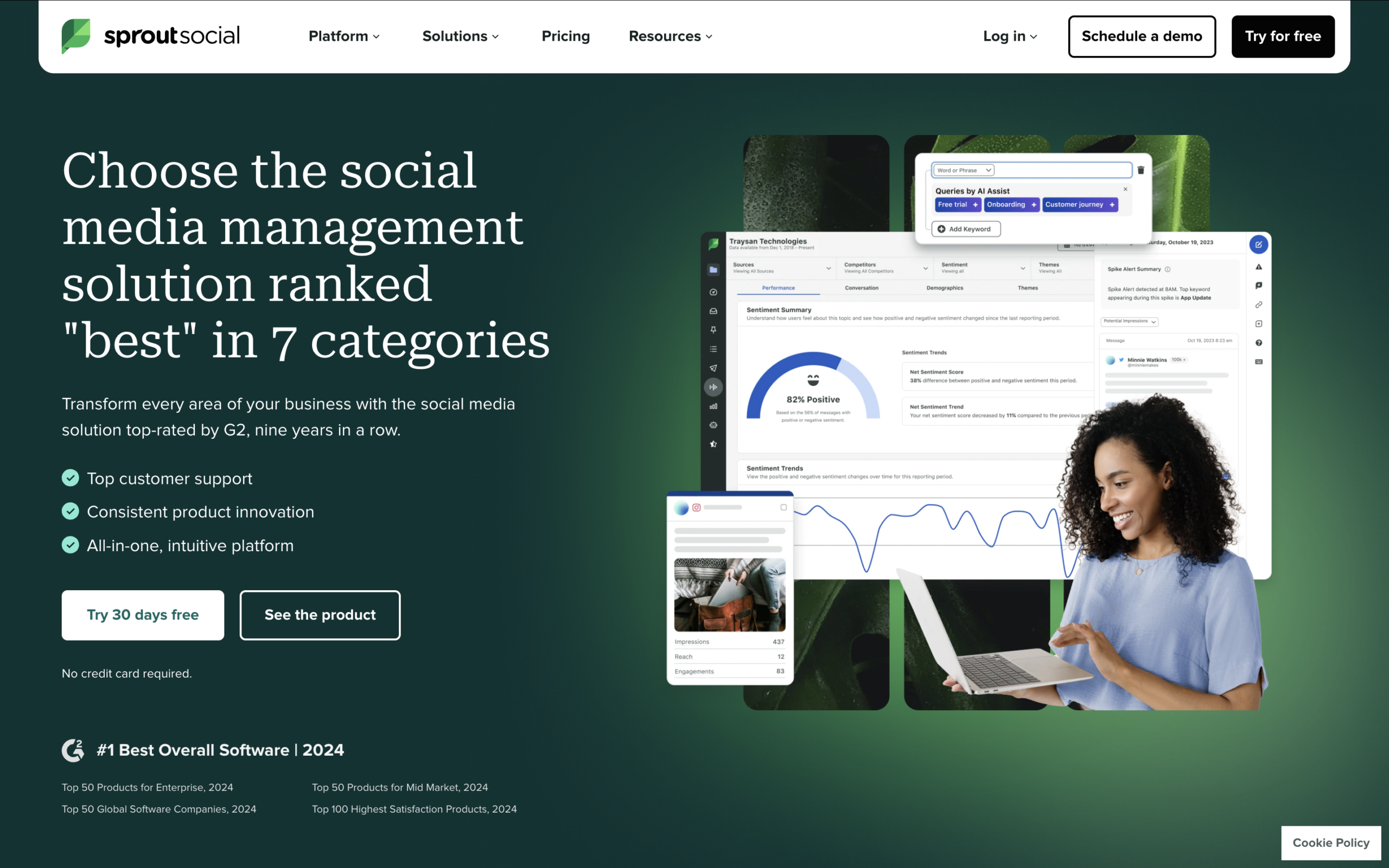 A screen shot of Sprout Socials Homepage, an essential tool for video marketing.