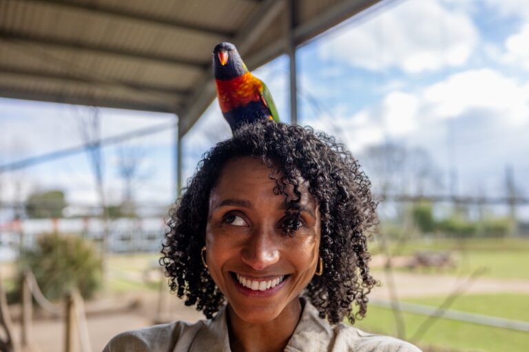 An image of a woman at Twycross Zoo with a parakeet on her head taken during our TVC film work.