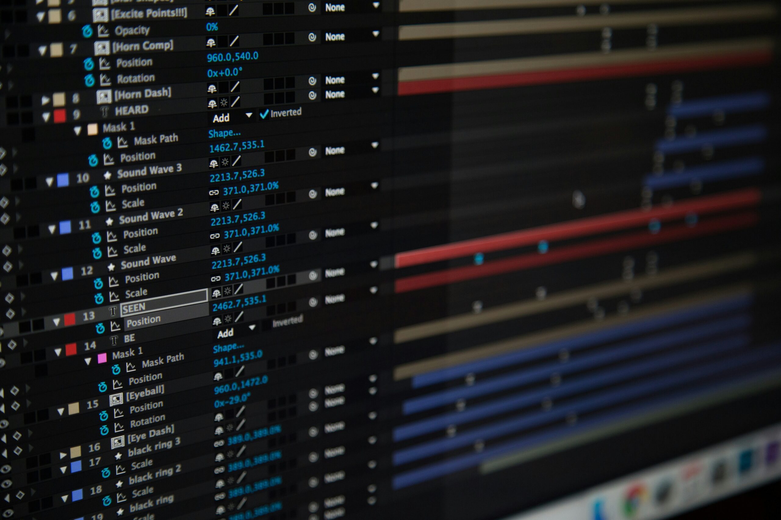 An image of a video editors computer screen showing all of the different timelines and channels open in Adobe Premier Pro.