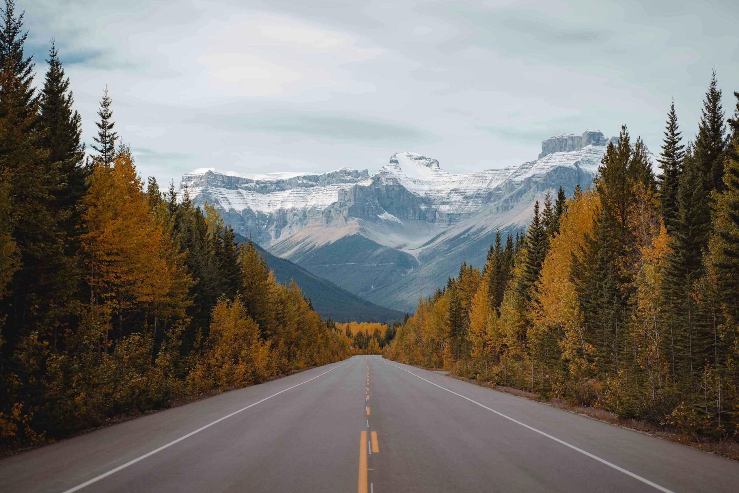 An image of a canadian road in Spring with mountains in the background.
