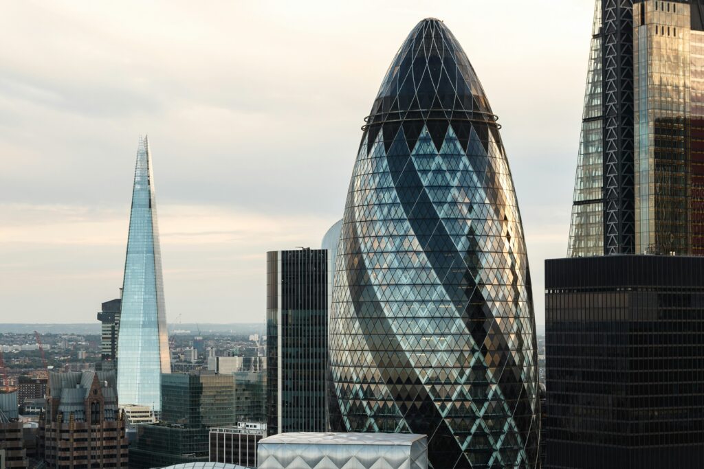 30 St Mary Axe, the Gherkin, in the City of London — location for Here Now Films' production with Fathom"