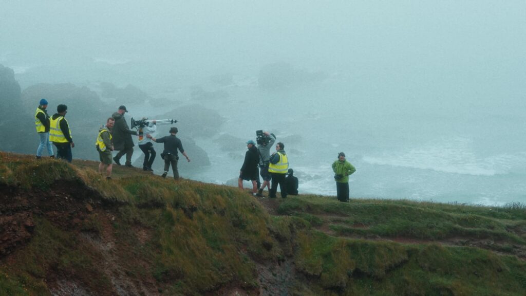 The Here Now Films unit on the clifftops of the Lizard in fog, on the Cohere shoot