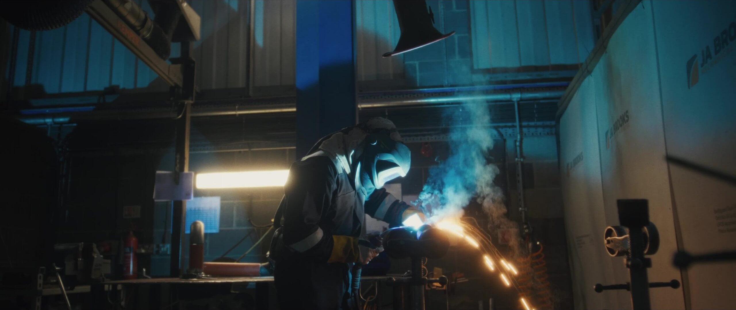 A welder at work in the welding bay at The Pod, JA Brooks’ fabrication unit in Essex